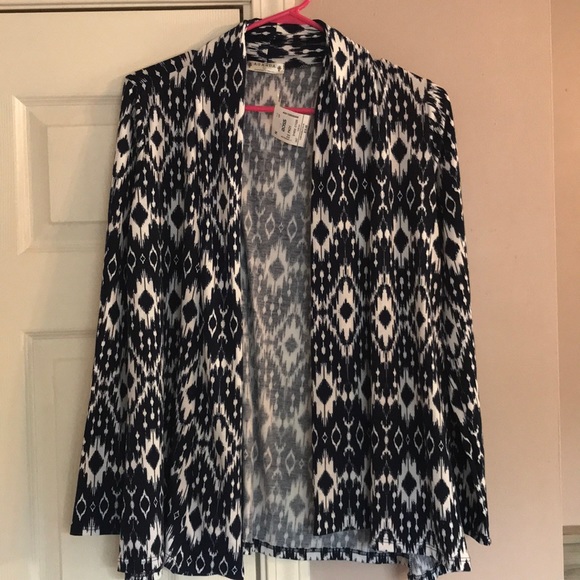 Agenda Sweaters - Navy and White Patterned Open Front Sweater